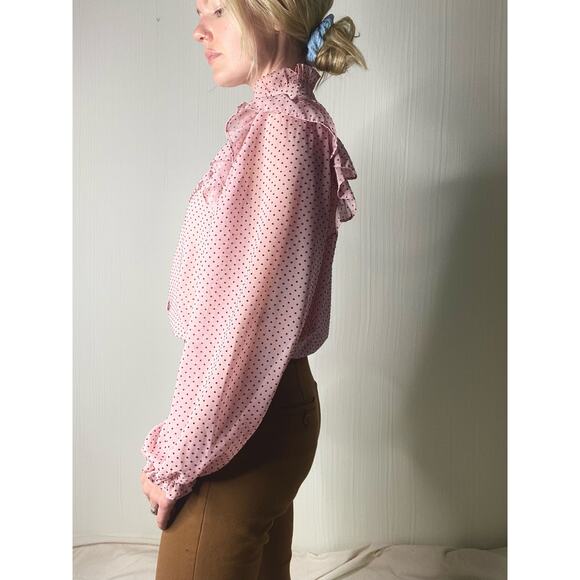 ZARA Sheer Pink and Red Polka Dot Ruffle Button Up Blouse US SMALL - Picture 3 of 10